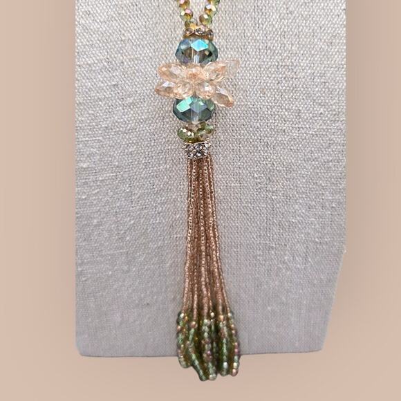 Champagne Beaded with Borealis Accents Long 3Necklace with Tassel - Picture 5 of 6